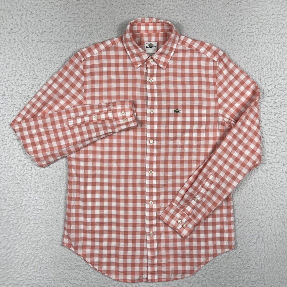 Lacoste Button Down Shirt Mens 38 Small Orange White Gingham Classic Fit CH8732